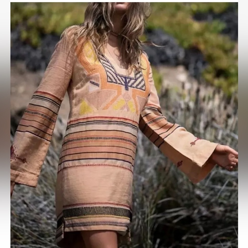 Free People Tribal Embroidered Boho Sundown Mini Dress Tunic Neutral Bell Cotton